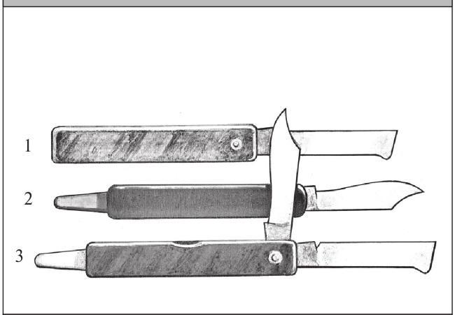 Рис. 98. Прививочные ножи: 1 – копулировочный; 2 – окулировочный; 3 – комбинированный – копулировочно-окулировочный.